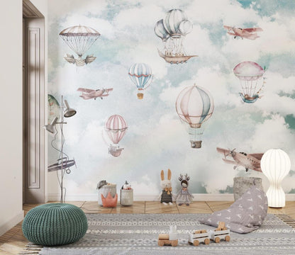 Balloons Flying in the Sky Wallpaper For Kidsroom, Cute Animals Wallpaper Nursery, Soft Childrens Wallpaper , Peel and Stick Baby Wallpaper