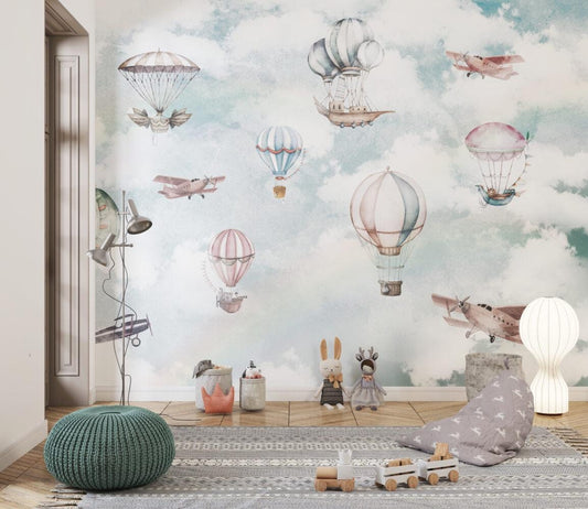 Balloons Flying in the Sky Wallpaper For Kidsroom, Cute Animals Wallpaper Nursery, Soft Childrens Wallpaper , Peel and Stick Baby Wallpaper