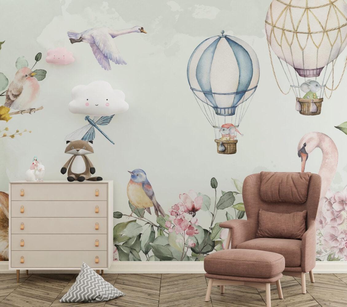 Animals with Flying Balloons 3D Wallpaper in Soft Tones, Cute Animals Wallpaper Nursery, Child Wallpaper, Peel and Stick Baby Girl Wallpaper