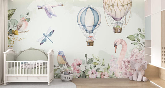 Animals with Flying Balloons 3D Wallpaper in Soft Tones, Cute Animals Wallpaper Nursery, Child Wallpaper, Peel and Stick Baby Girl Wallpaper