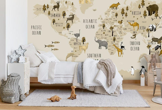 Animal World Map Kids Wallpaper, Children Wallpaper , Peel and Stick Wallpaper Nursery, Baby Mural, Beige Colors Wallpaper