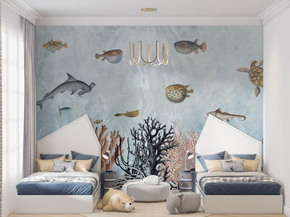 Fish And Sea Plants Wallpaper, Underwater Wallpaper For Kidsroom, Sea Wallpaper Nursery, Blue Childrens Wallpaper, Peel and Stick Wallpaper