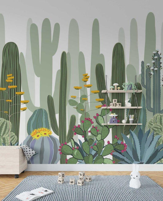 Cactus Patterned Wallpaper For Kidsroom, Mediterranean Garden Wallpaper Nursery , Nature Kids Wall Mural, Peel and Stick Childrens Wallpaper