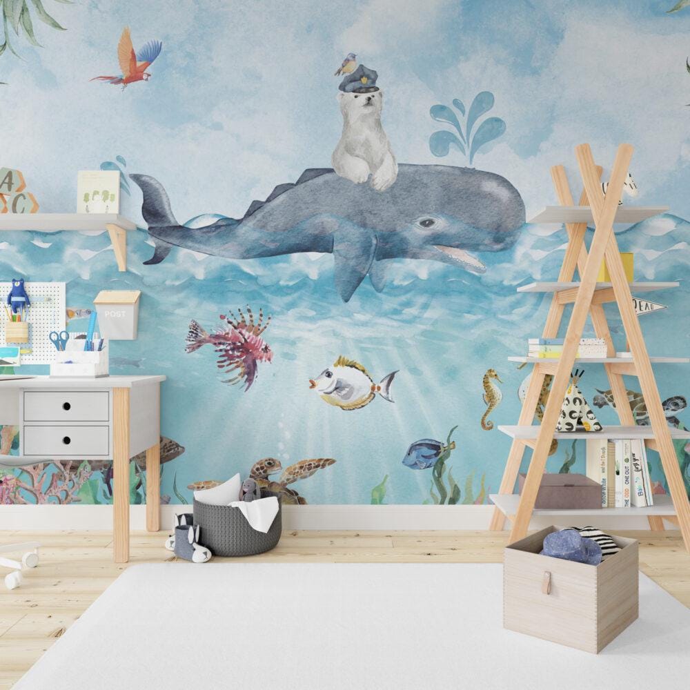 Polar Bear And Whale Wallpaper, Underwater Wallpaper For Kidsroom, Sea Wallpaper Nursery, Blue Childrens Wallpaper, Peel and Stick Wallpaper