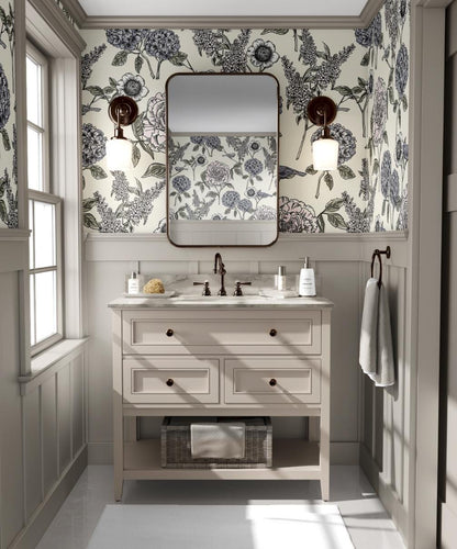 Hydrangea Flowers and Birds Wallpaper, Floral Wallpaper, Romantic Wall Mural, Peel and Stick Wallpaper, Drawing Wallpaper