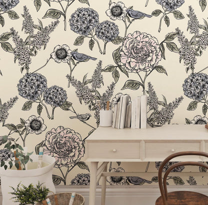 Hydrangea Flowers and Birds Wallpaper, Floral Wallpaper, Romantic Wall Mural, Peel and Stick Wallpaper, Drawing Wallpaper