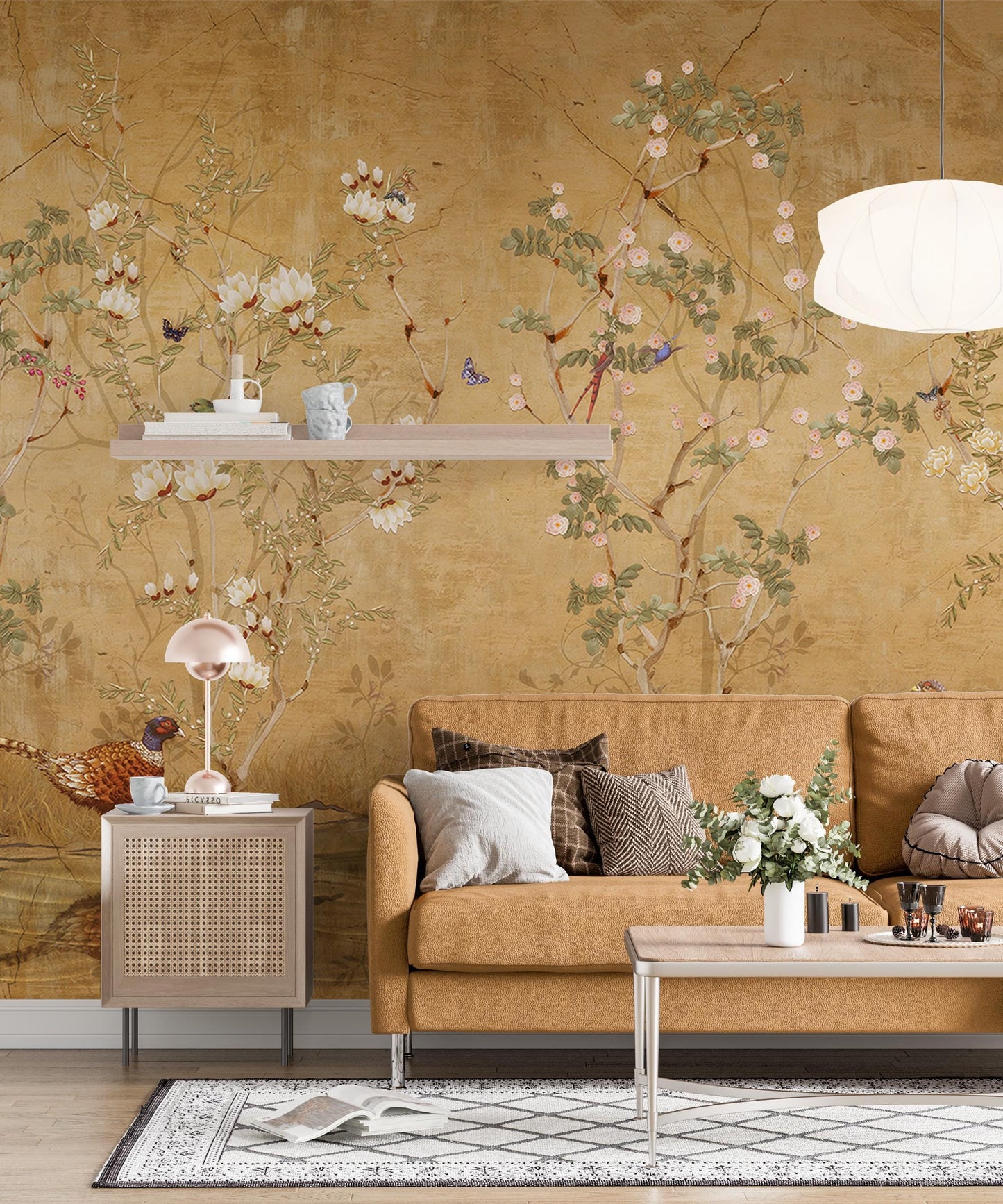 Rose Garden and Nightingale Birds Wallpaper, Floral Wallpaper, Romantic Golden Wall Mural, Peel and Stick Wallpaper, Drawing Wallpaper