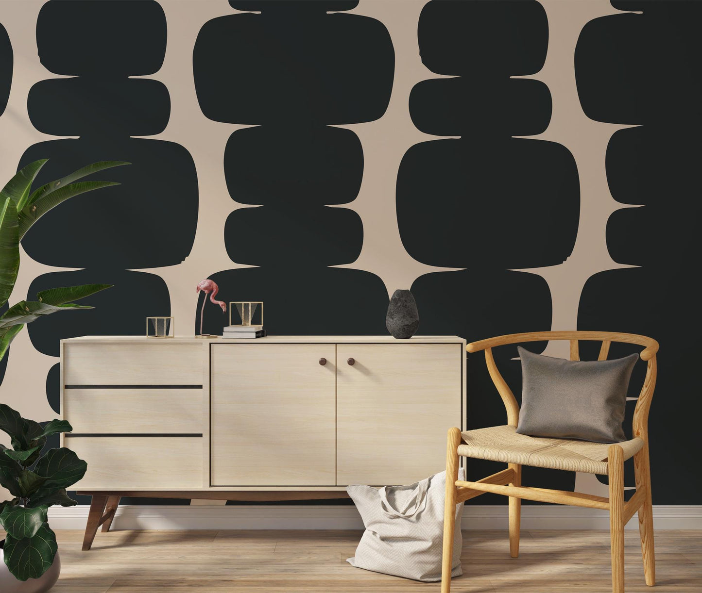 Black Blocks on Beige Background Wallpaper, Peel and Stick Wallpaper, Stylish Room Design, Black Wallpaper, Geometric Pattern Wallpaper