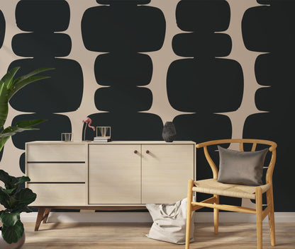 Black Blocks on Beige Background Wallpaper, Peel and Stick Wallpaper, Stylish Room Design, Black Wallpaper, Geometric Pattern Wallpaper