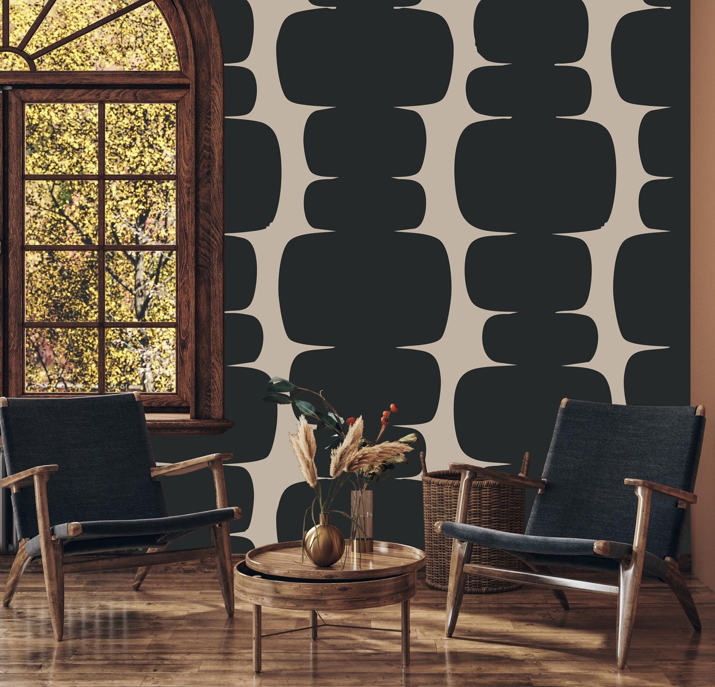 Black Blocks on Beige Background Wallpaper, Peel and Stick Wallpaper, Stylish Room Design, Black Wallpaper, Geometric Pattern Wallpaper