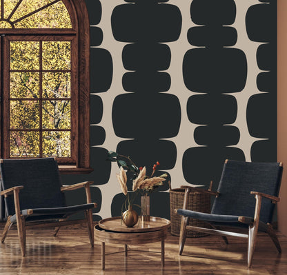 Black Blocks on Beige Background Wallpaper, Peel and Stick Wallpaper, Stylish Room Design, Black Wallpaper, Geometric Pattern Wallpaper