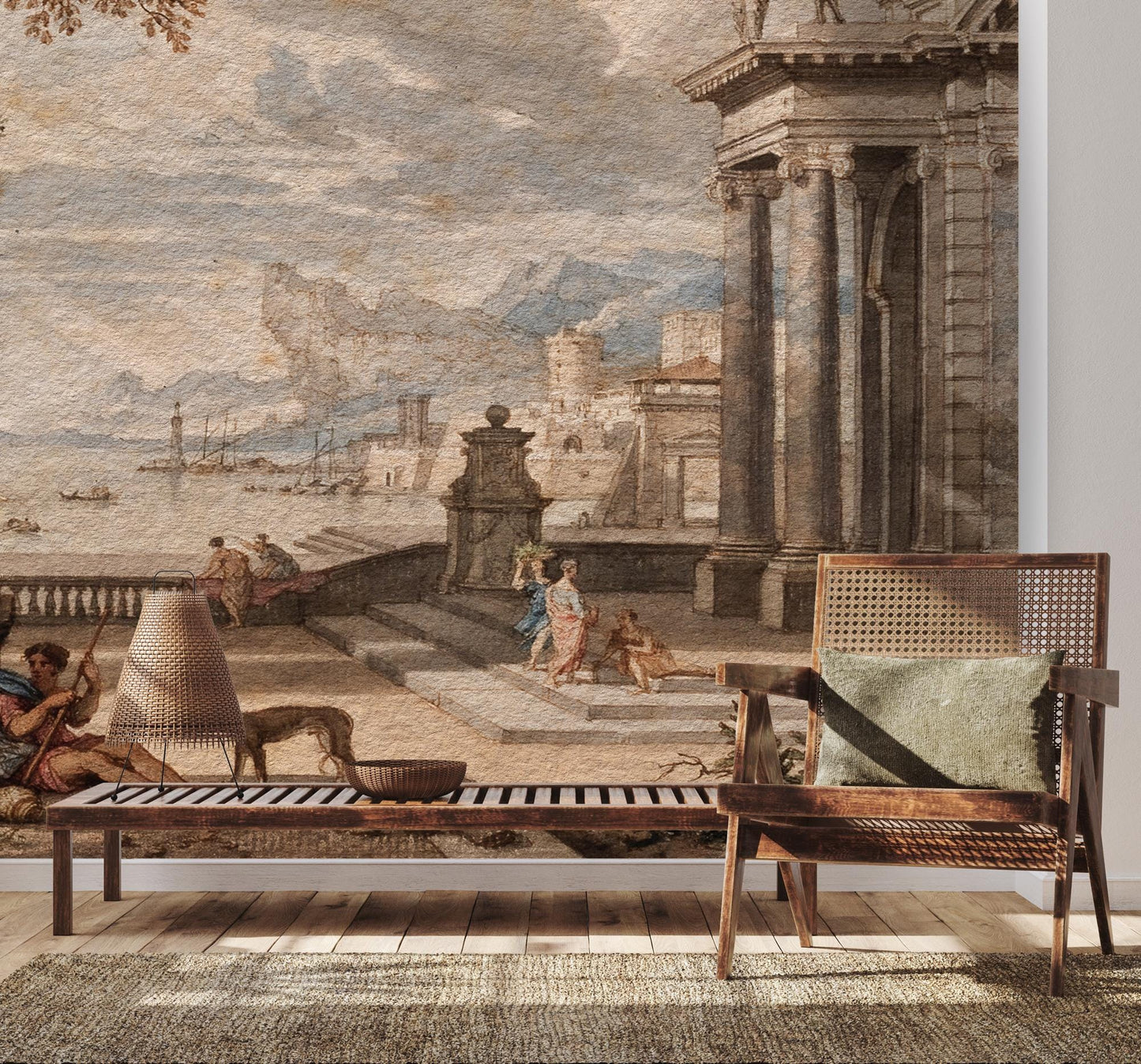 Harbor View in Ancient Rome Wallpaper, Bohemian Peel and Stick Wallpaper, Antique Wallpaper, Nostalgic Wallpaper, Drawwing Wallpaper