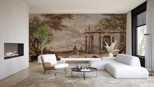 Harbor View in Ancient Rome Wallpaper, Bohemian Peel and Stick Wallpaper, Antique Wallpaper, Nostalgic Wallpaper, Drawwing Wallpaper