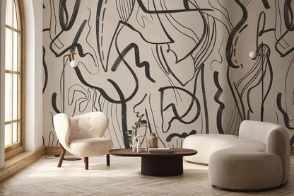 Black Abstract Lines on Beige Background Wallpaper, Peel and Stick Wallpaper, Stylish Room Design, Black Wallpaper, Geometric Wallpaper