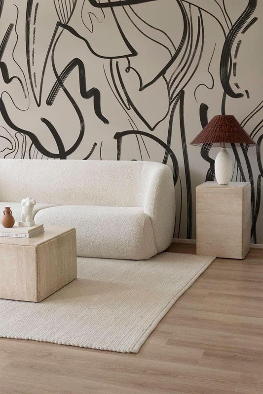 Black Abstract Lines on Beige Background Wallpaper, Peel and Stick Wallpaper, Stylish Room Design, Black Wallpaper, Geometric Wallpaper