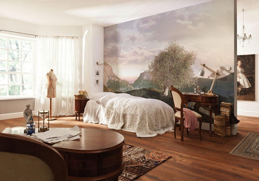 Wallpaper with Mountain and Big Plane Tree View, Tual Wallpaper, Nature Mural, Painting Wallpaper, Peel and Stick Wallpaper, Green Wallpaper