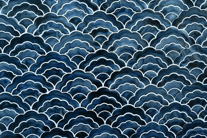 Ceramic Look Blue Wavy White Patterns Wallpaper, Peel and Stick Wallpaper, Stylish Room Design, Navy Blue Wallpaper, Tile Pattern Wallpaper
