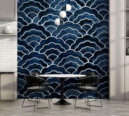 Ceramic Look Blue Wavy White Patterns Wallpaper, Peel and Stick Wallpaper, Stylish Room Design, Navy Blue Wallpaper, Tile Pattern Wallpaper