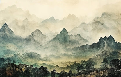 Misty Craggy Mountains Wallpaper, Tual Wallpaper, Nature Mural, Painting Wallpaper, Peel and Stick Wallpaper, Green Wallpaper, Fog Wallpaper