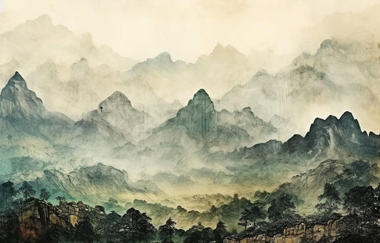 Misty Craggy Mountains Wallpaper, Tual Wallpaper, Nature Mural, Painting Wallpaper, Peel and Stick Wallpaper, Green Wallpaper, Fog Wallpaper