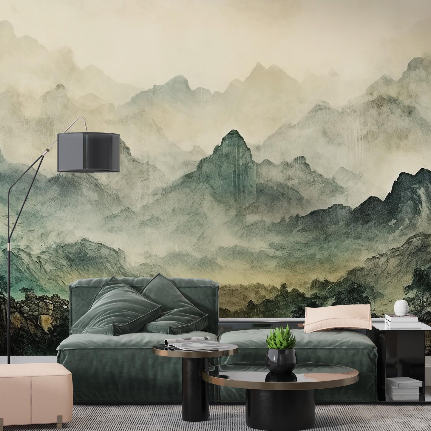 Misty Craggy Mountains Wallpaper, Tual Wallpaper, Nature Mural, Painting Wallpaper, Peel and Stick Wallpaper, Green Wallpaper, Fog Wallpaper