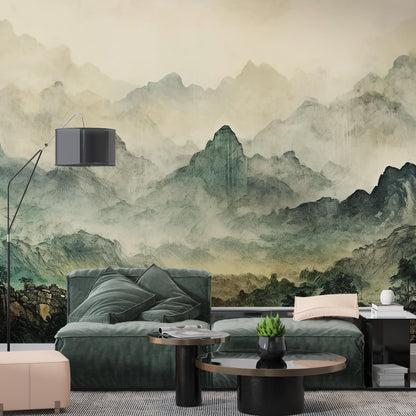 Misty Craggy Mountains Wallpaper, Tual Wallpaper, Nature Mural, Painting Wallpaper, Peel and Stick Wallpaper, Green Wallpaper, Fog Wallpaper