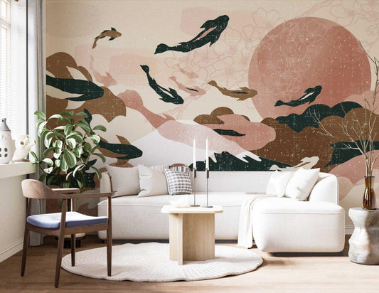 Illustration Soft Fish and Sky Collage Wallpaper, Peel and Stick Wallpaper, Stylish Room Design, Pink Wallpaper, Abstract Pattern Wallpaper