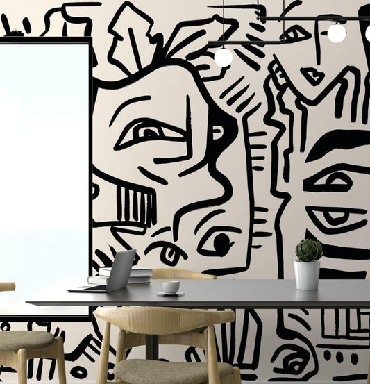 Linear Face Motifs Modern Wallpaper, Black and Beige Peel and Stick Wallpaper, Stylish Room Design, Abstract Wallpaper, Wall Design