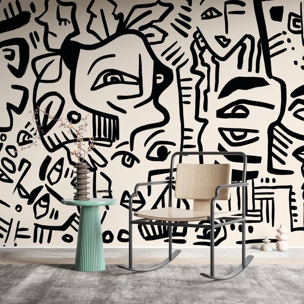 Linear Face Motifs Modern Wallpaper, Black and Beige Peel and Stick Wallpaper, Stylish Room Design, Abstract Wallpaper, Wall Design