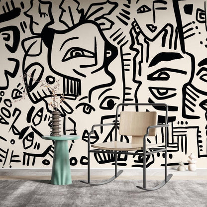 Linear Face Motifs Modern Wallpaper, Black and Beige Peel and Stick Wallpaper, Stylish Room Design, Abstract Wallpaper, Wall Design