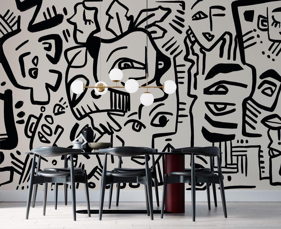 Linear Face Motifs Modern Wallpaper, Black and Beige Peel and Stick Wallpaper, Stylish Room Design, Abstract Wallpaper, Wall Design
