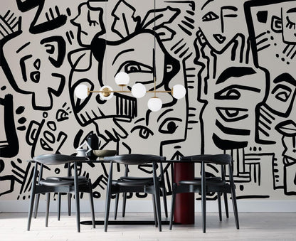 Linear Face Motifs Modern Wallpaper, Black and Beige Peel and Stick Wallpaper, Stylish Room Design, Abstract Wallpaper, Wall Design