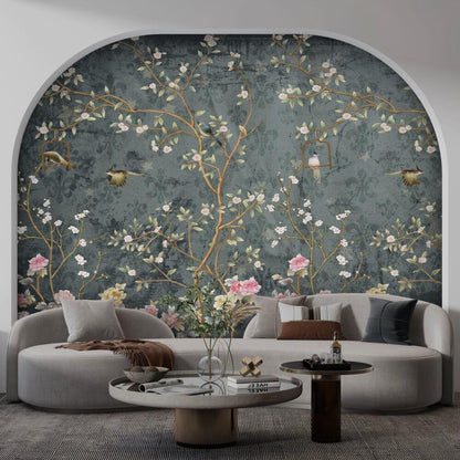 Chinese Motif Roses and Nightingale Wallpaper, Floral Wallpaper, Romantic Wall Mural, Peel and Stick Wallpaper, Green Drawing Wallpaper
