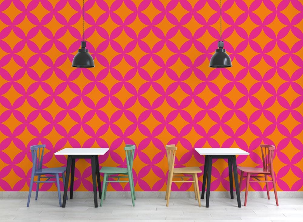 Geometric Patterned Wallpaper in Vibrant Colors , Peel and Stick Wallpaper, Stylish Room Design, Pink Wallpaper, Dynamic Neon Wallpaper