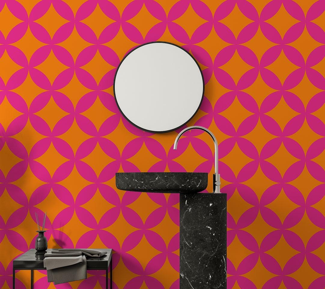 Geometric Patterned Wallpaper in Vibrant Colors , Peel and Stick Wallpaper, Stylish Room Design, Pink Wallpaper, Dynamic Neon Wallpaper