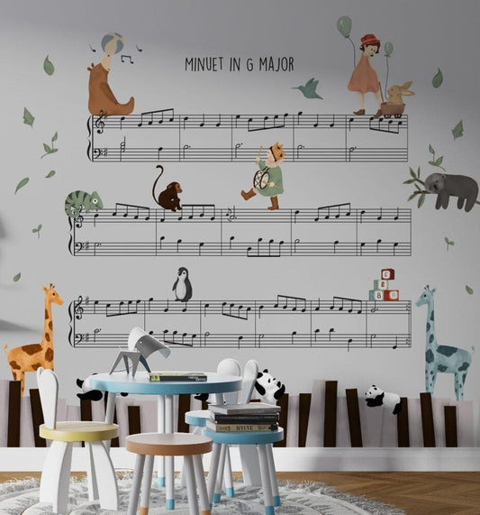 Animals on Musical Notes for Kids Room 3D Wallpaper, Funy Wallpaper Nursery, Child Wallpaper, Peel and Stick Wallpaper, Baby Room Wallpaper
