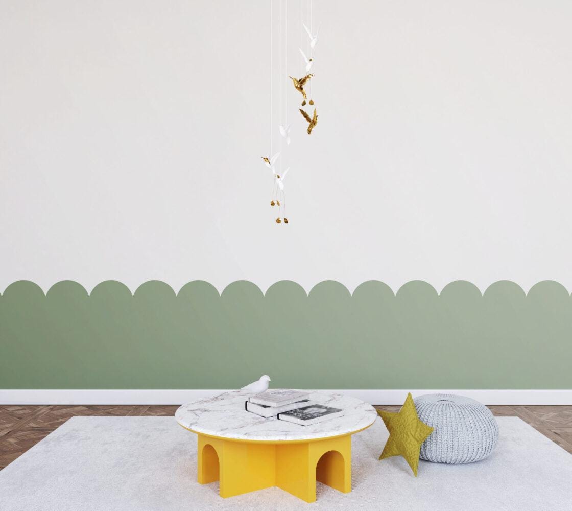 Green patterned wallpaper for kids, Peel and Stick Wallpaper, Baby Room Wallpaper, Flower Wavy Wallpaper, Geometric Pattern Wallpaper