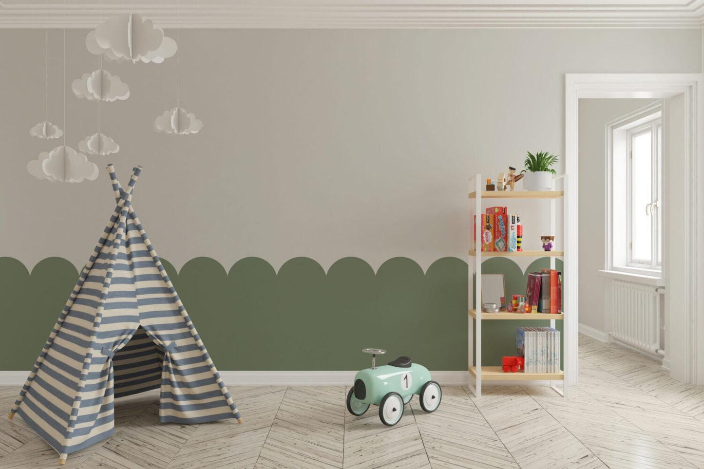 Green patterned wallpaper for kids, Peel and Stick Wallpaper, Baby Room Wallpaper, Flower Wavy Wallpaper, Geometric Pattern Wallpaper