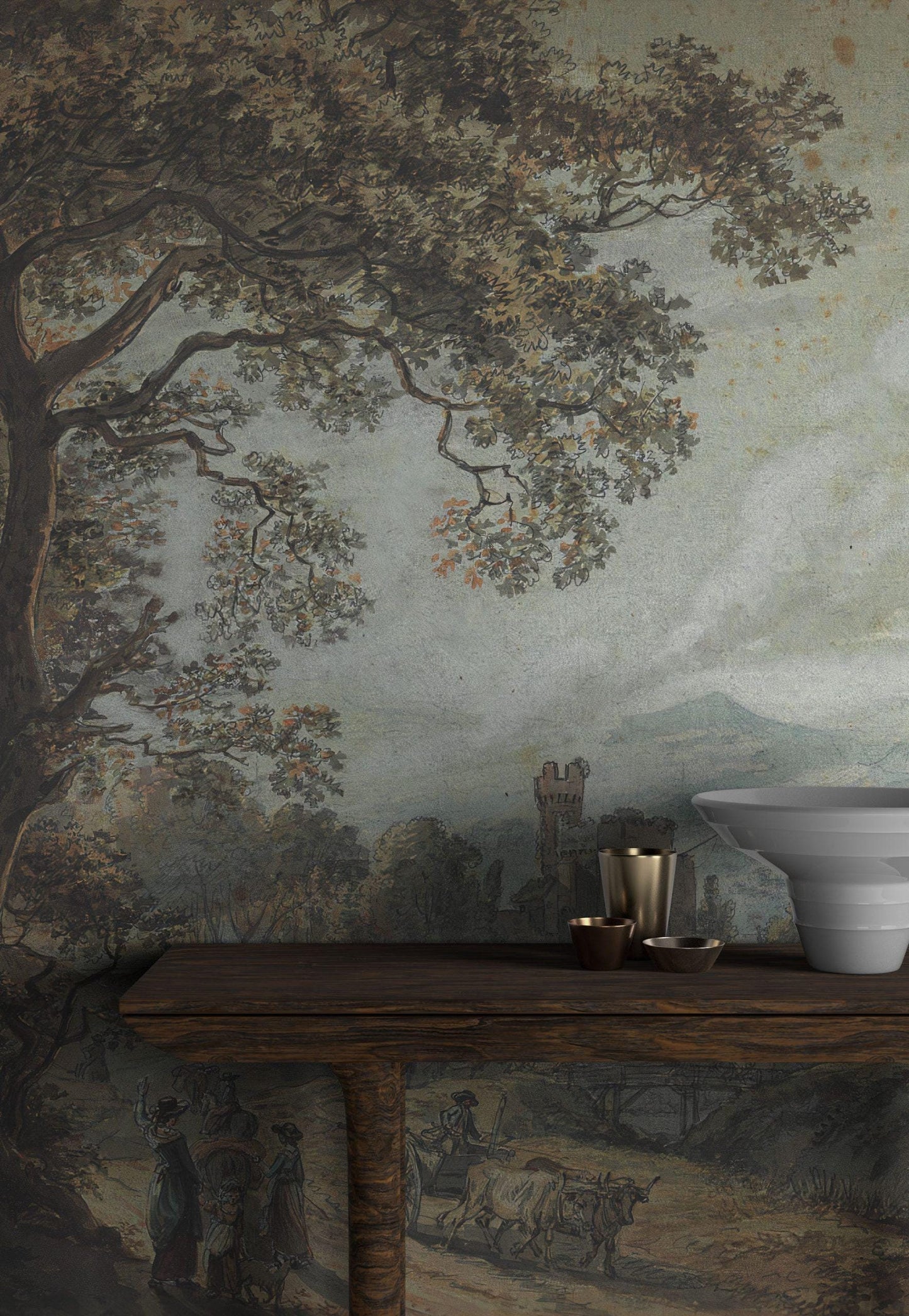 Path In The Forest Wallpaper, Bohemian Mural, Trees Wallpaper, Painting Wallpaper, Peel and Stick Wallpaper, Nostalgic Wallpaper