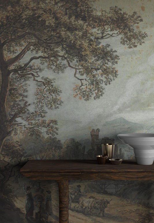 Path In The Forest Wallpaper, Bohemian Mural, Trees Wallpaper, Painting Wallpaper, Peel and Stick Wallpaper, Nostalgic Wallpaper