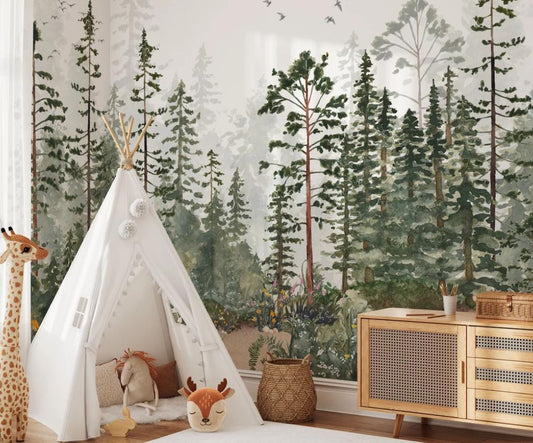 AMONG THE TREES Wallpaper For Kidsroom, Trees Wallpaper Nursery , Nature Kids Wall Mural, Kids Room Wall Peel and Stick Childrens Wallpaper