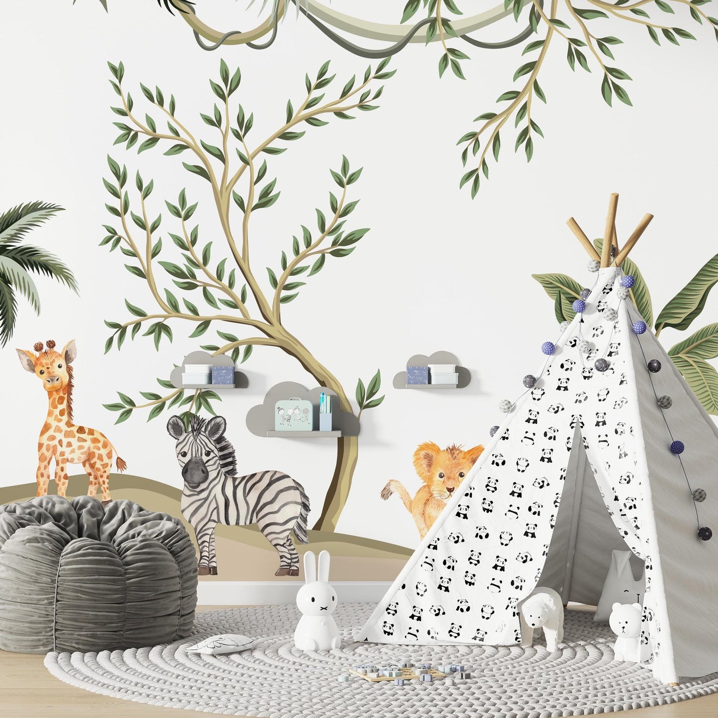 Baby Animals in Tropical Forest and IVY Wallpaper For Kidsroom, Jungle Wallpaper Nursery , Nature Childrens Wallpaper , Peel and Stick Mural