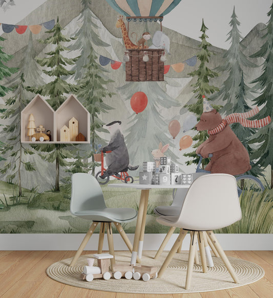 Party in the Forest Wallpaper For Kidsroom, Trees Wallpaper Nursery , Nature Childrens Wallpaper , Peel and Stick Wall Mural, Baby Wallpaper