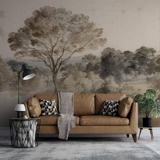 Romantic Brown Forest Watercolor Wallpaper, Trees Wallpaper, Bohemian Wall Mural, Peel and Stick Wallpaper, Stylish Room Design, Wall Design