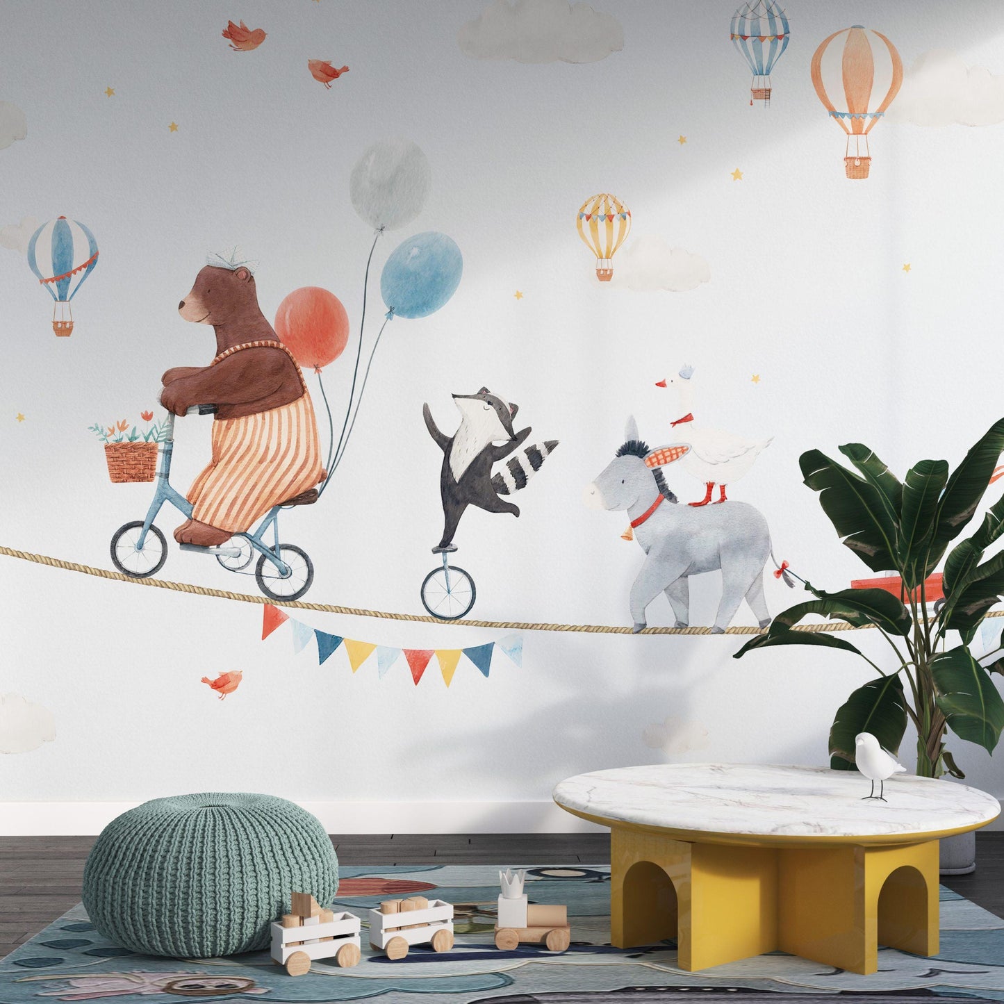 Circus Animals on Rope Wallpaper For Kidsroom, Cute Animals Wallpaper Nursery, Childrens Wallpaper , Peel and Stick Wallpaper,Baby Wallpaper