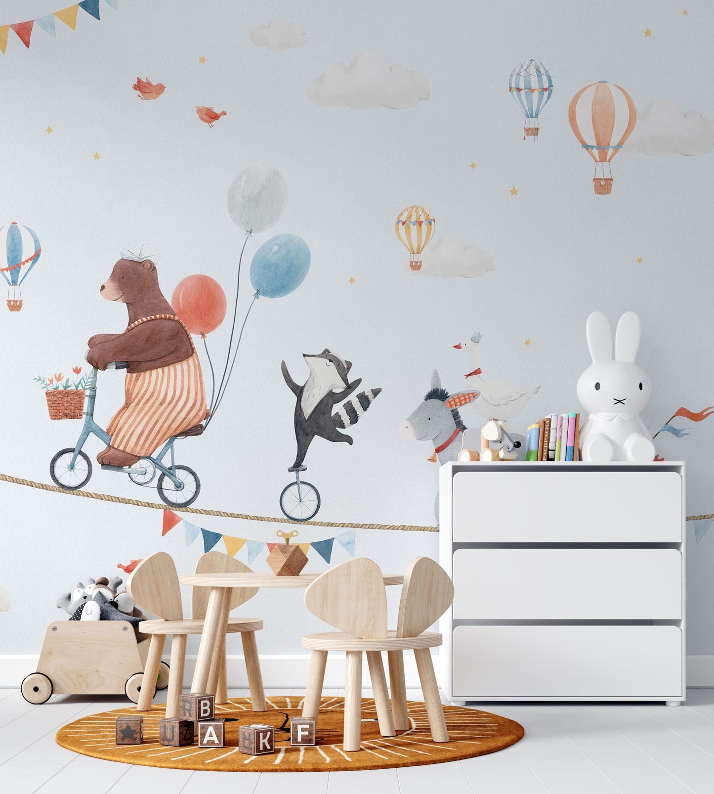 Circus Animals on Rope Wallpaper For Kidsroom, Cute Animals Wallpaper Nursery, Childrens Wallpaper , Peel and Stick Wallpaper,Baby Wallpaper
