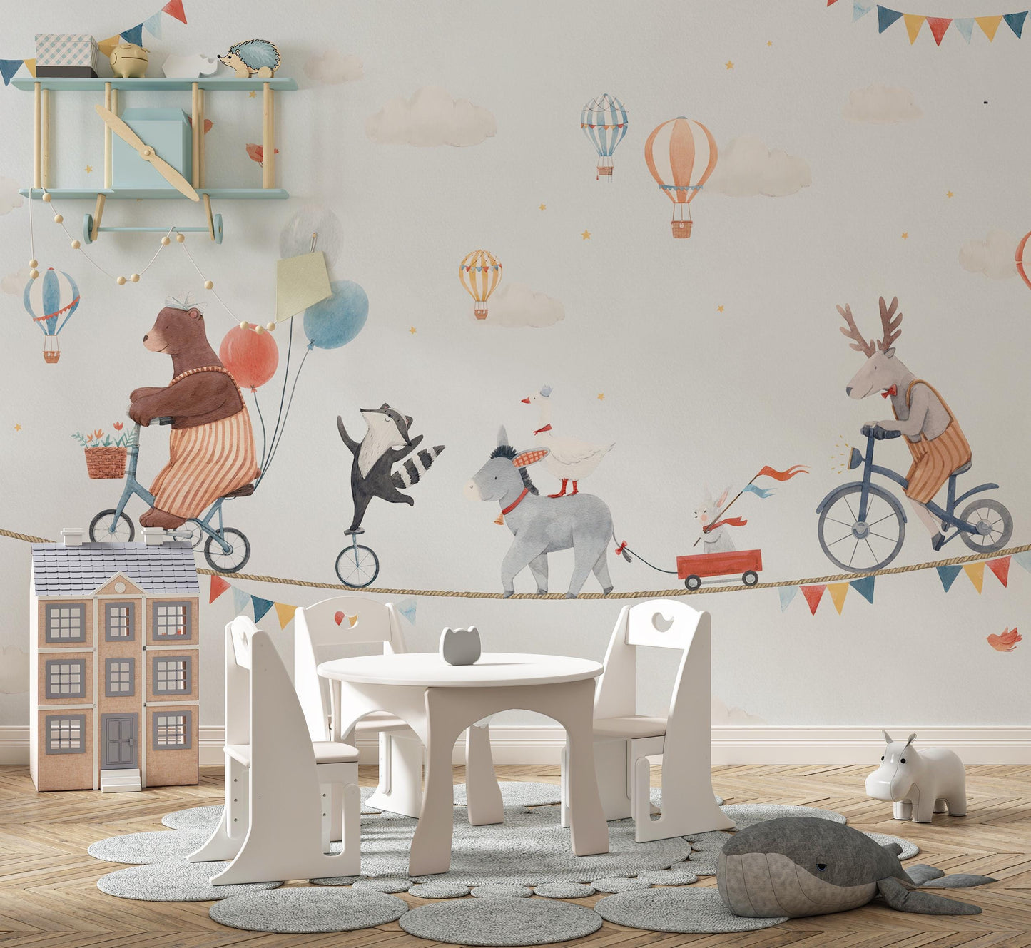 Circus Animals on Rope Wallpaper For Kidsroom, Cute Animals Wallpaper Nursery, Childrens Wallpaper , Peel and Stick Wallpaper,Baby Wallpaper