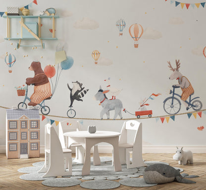 Circus Animals on Rope Wallpaper For Kidsroom, Cute Animals Wallpaper Nursery, Childrens Wallpaper , Peel and Stick Wallpaper,Baby Wallpaper