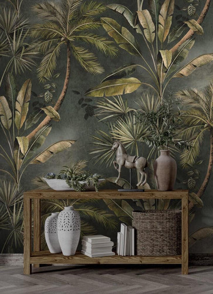 Dark Green Palm Trees And Banana Leaves Wallpaper, Bohemian Wallpaper, Leaf Mural, Peel and Stick Wallpaper, Stylish Room Design