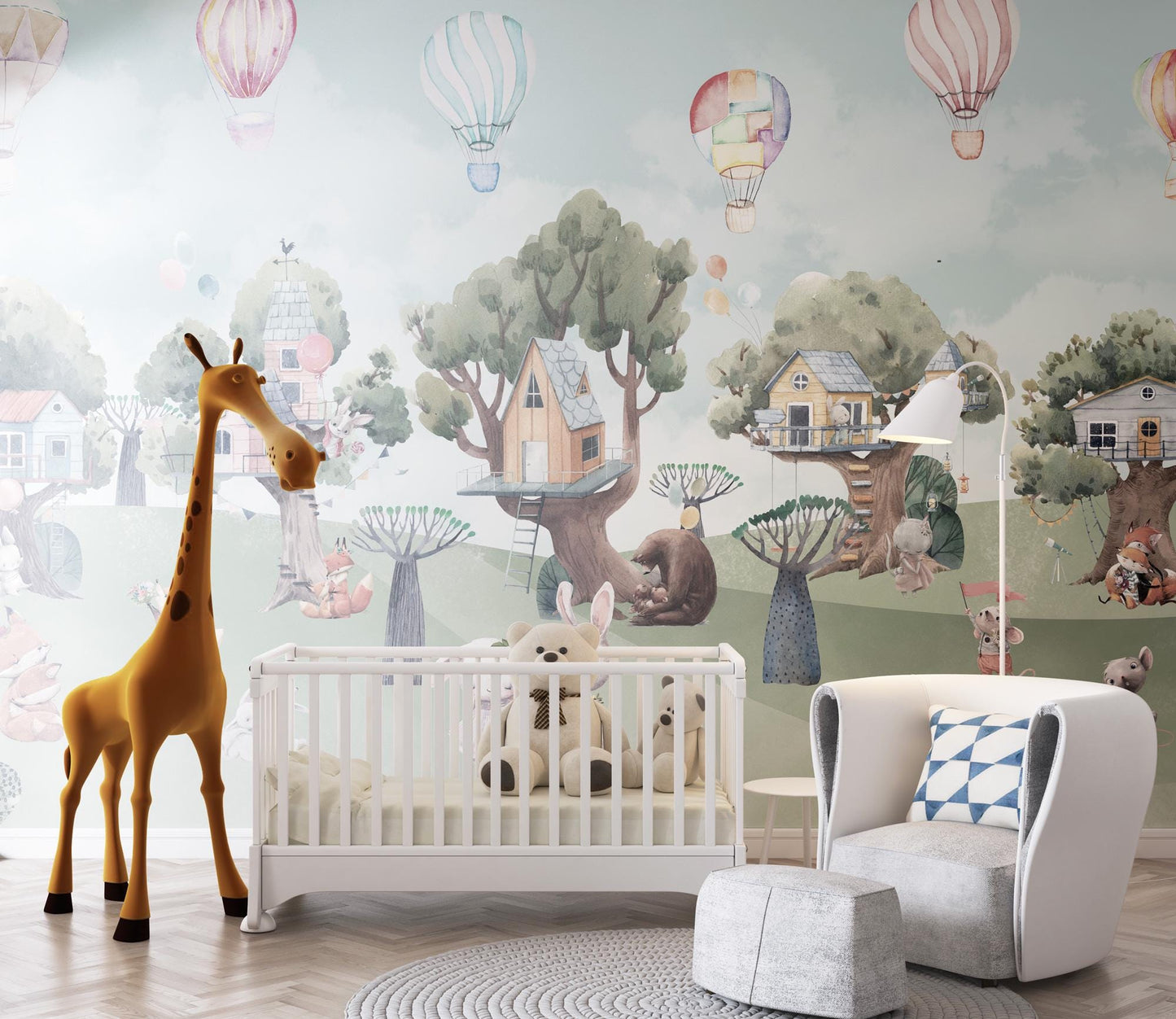 Cute Animals Forest Houses Wallpaper For Kidsroom, Watercolor Wallpaper Nursery, Childrens Wallpaper , Peel and Stick Wallpaper